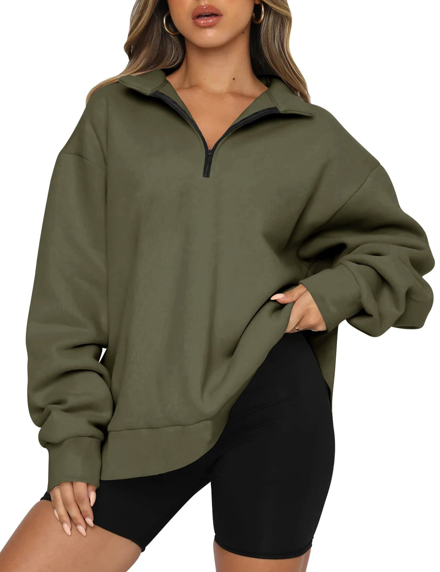 Damen Oversized Sweatshirt mit kurzem Reißverschluss und lässigem Schnitt Krohn-e