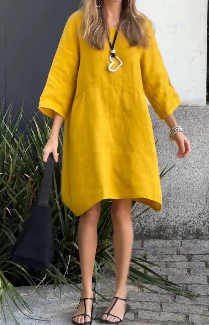 Damen lässiges Leinenkleid mit praktischen Taschen und asymmetrischem Saum Krohn-e