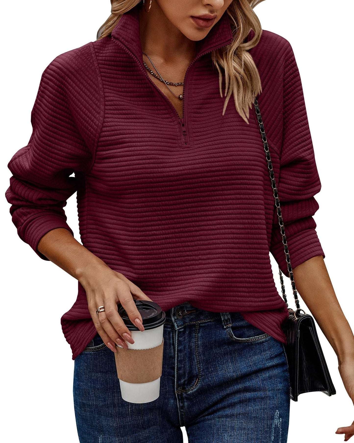 Damen Modischer Waffle-Pullover mit Stehkragen und Reißverschluss Krohn-e