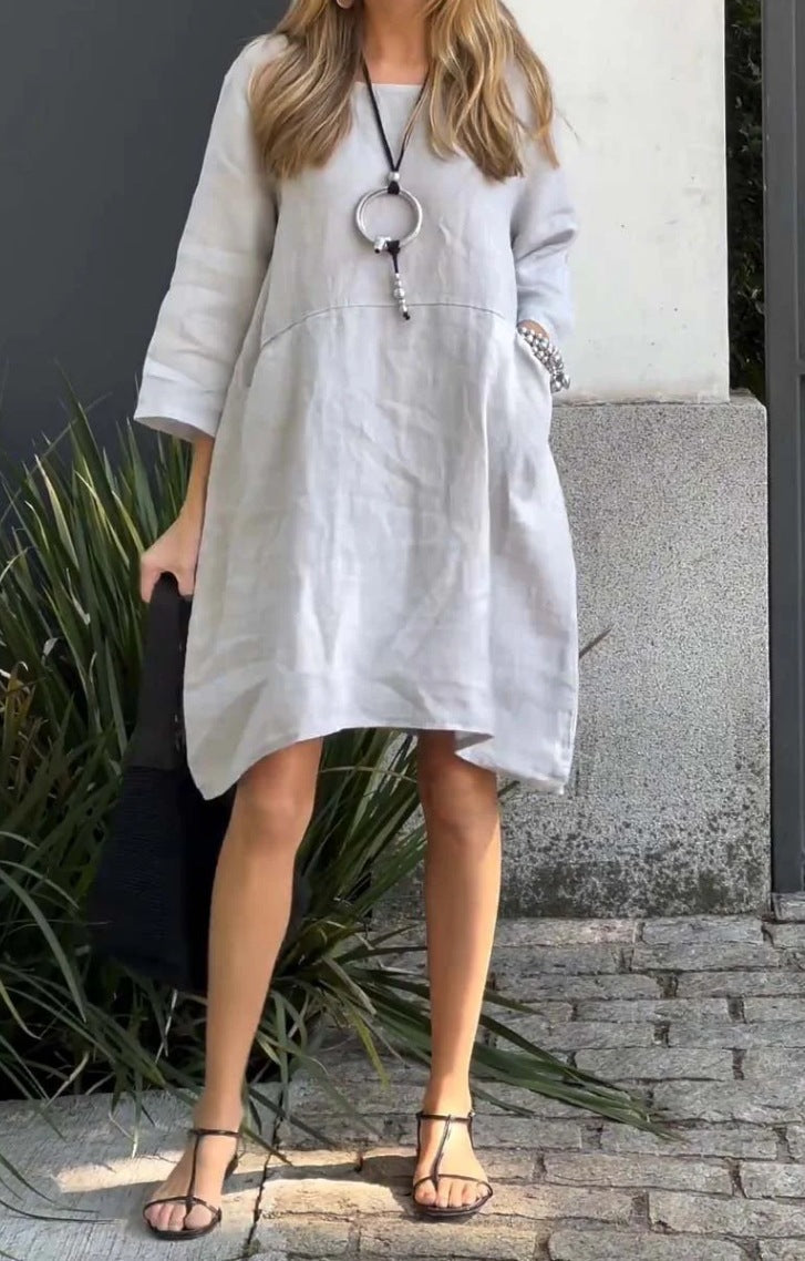 Damen lässiges Leinenkleid mit praktischen Taschen und asymmetrischem Saum Krohn-e