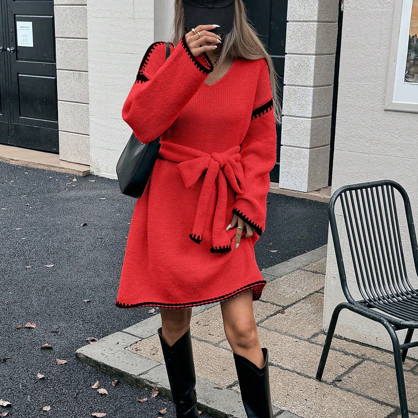 Damen Strickkleid mit Gürtel und V-Ausschnitt Krohn-e