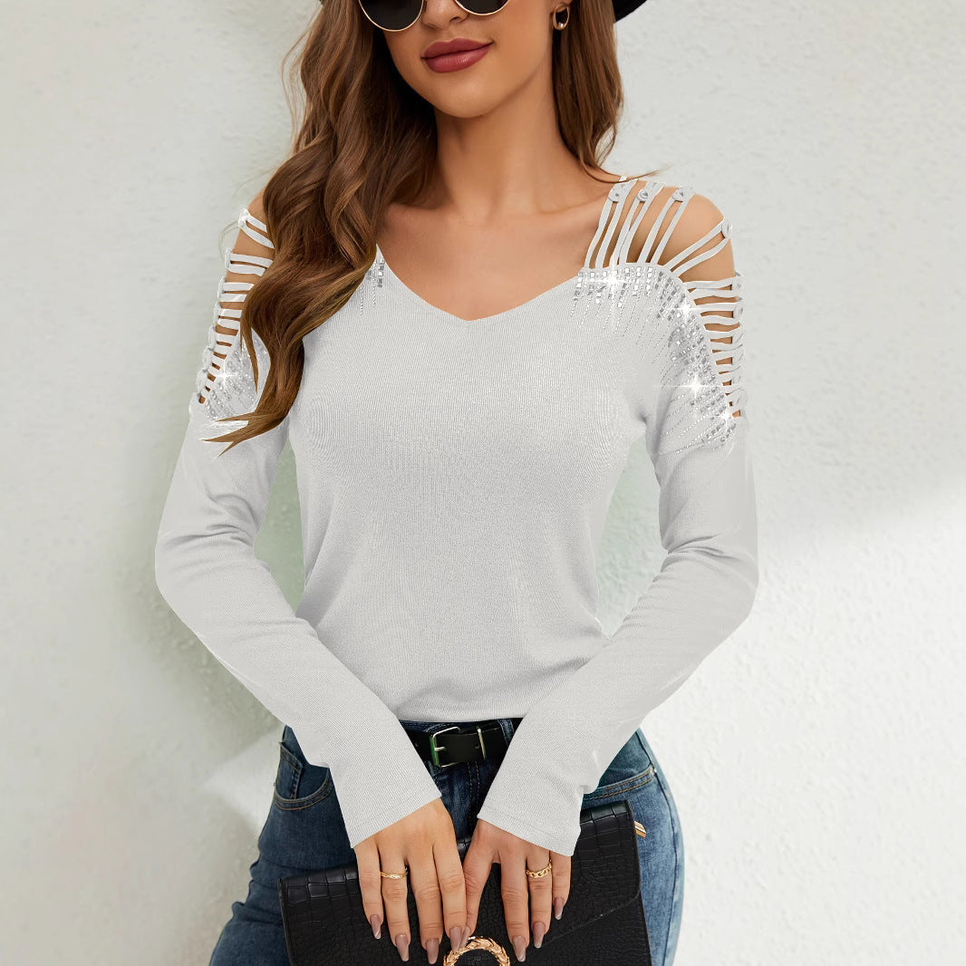 Damen Langarmshirt mit offenen Schultern und Strassverzierung Krohn-e