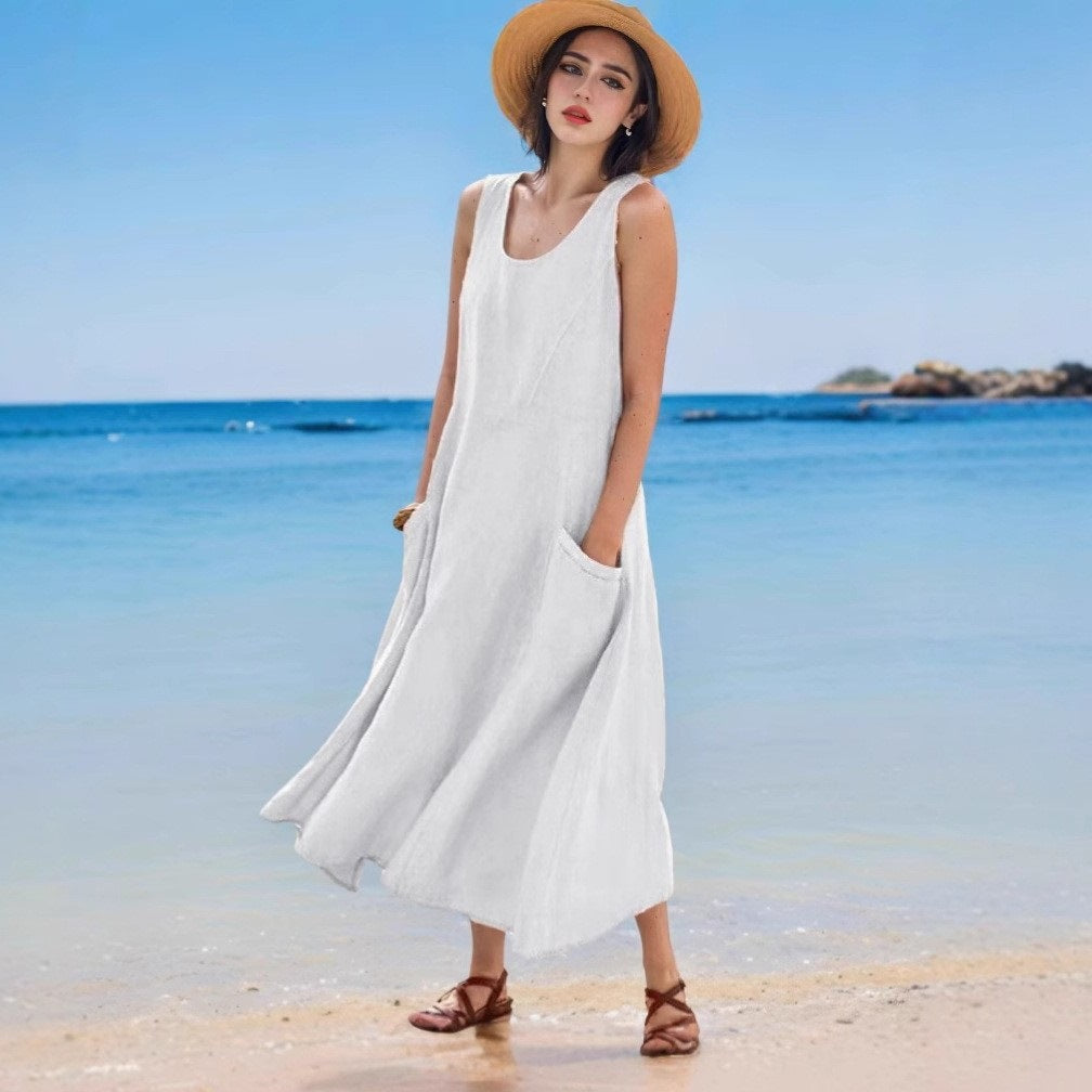 Sommerkleid aus Leinen, ärmellos, Rundhals, mit Tasche von Fudus