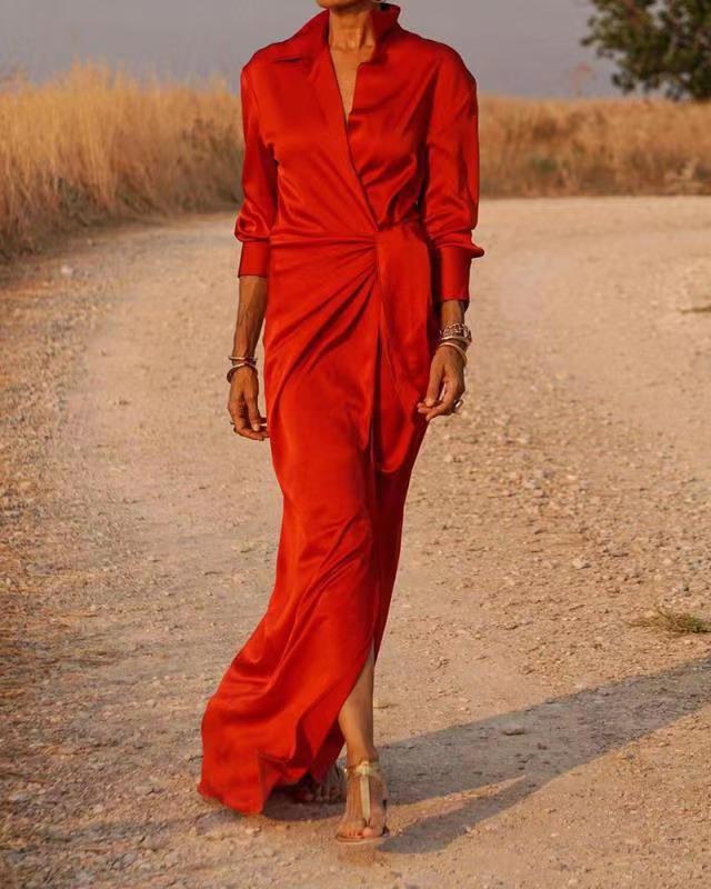 Damen Elegantes Wickel-Maxi-Kleid mit vielseitigem Kragen und seitlichem Schlitz Krohn-e