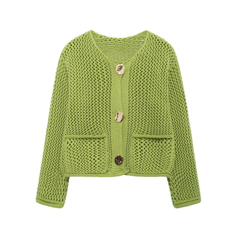 Damen luftige Strickjacke mit durchbrochenem Muster und praktischen Taschen Krohn-e