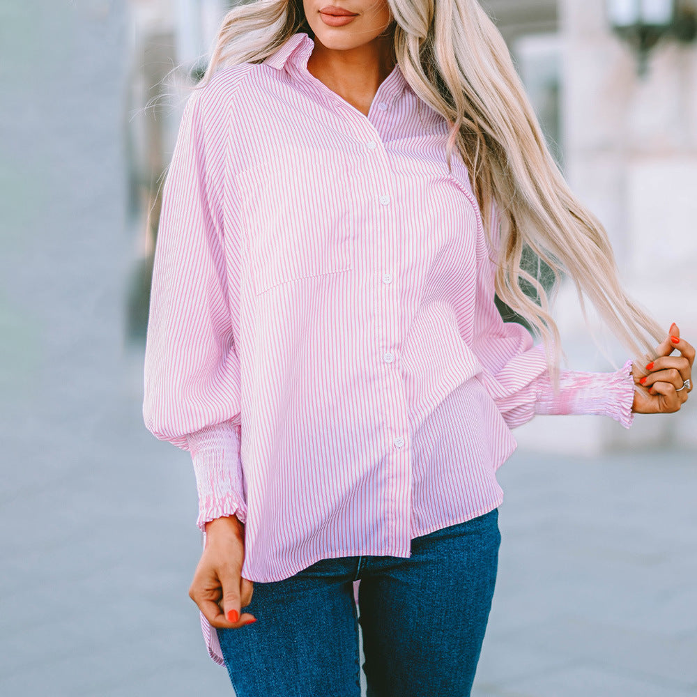 KROHN-E Damen Oversized Hemdbluse Gestreift Langarm Hellblau Weiß