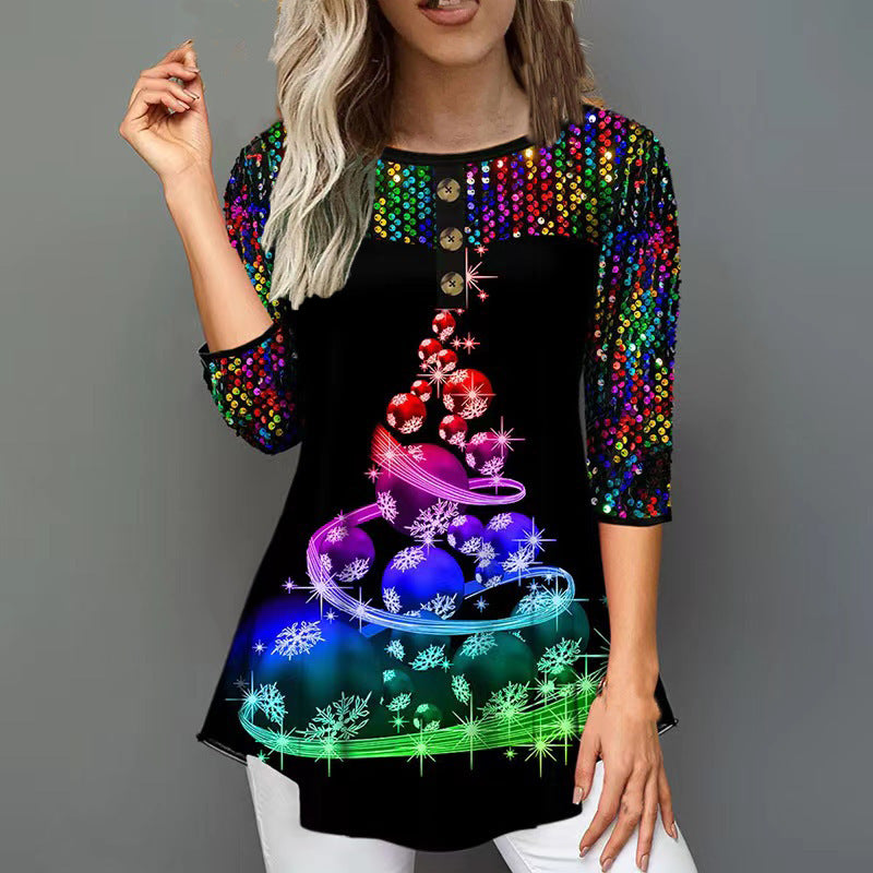 Fudus Festlicher Weihnachtsdruck: Lockerer Rundhals-Tee