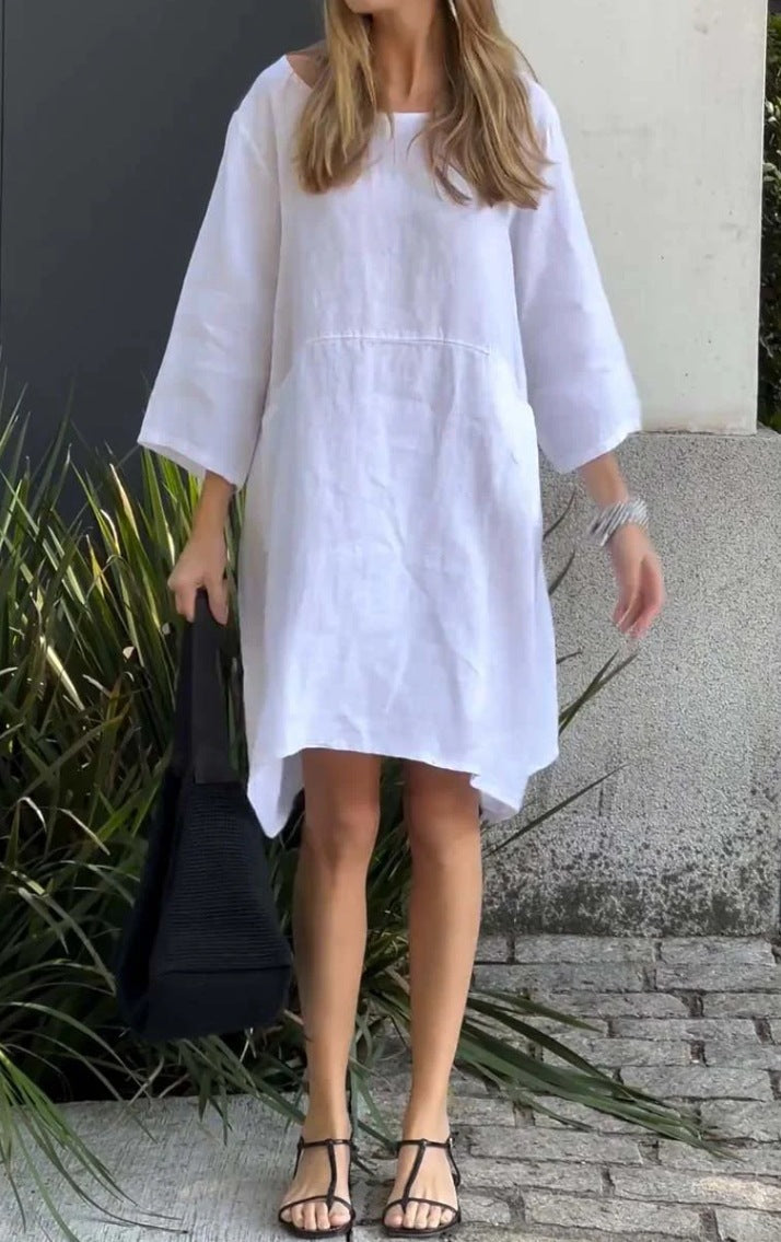 Damen lässiges Leinenkleid mit praktischen Taschen und asymmetrischem Saum Krohn-e