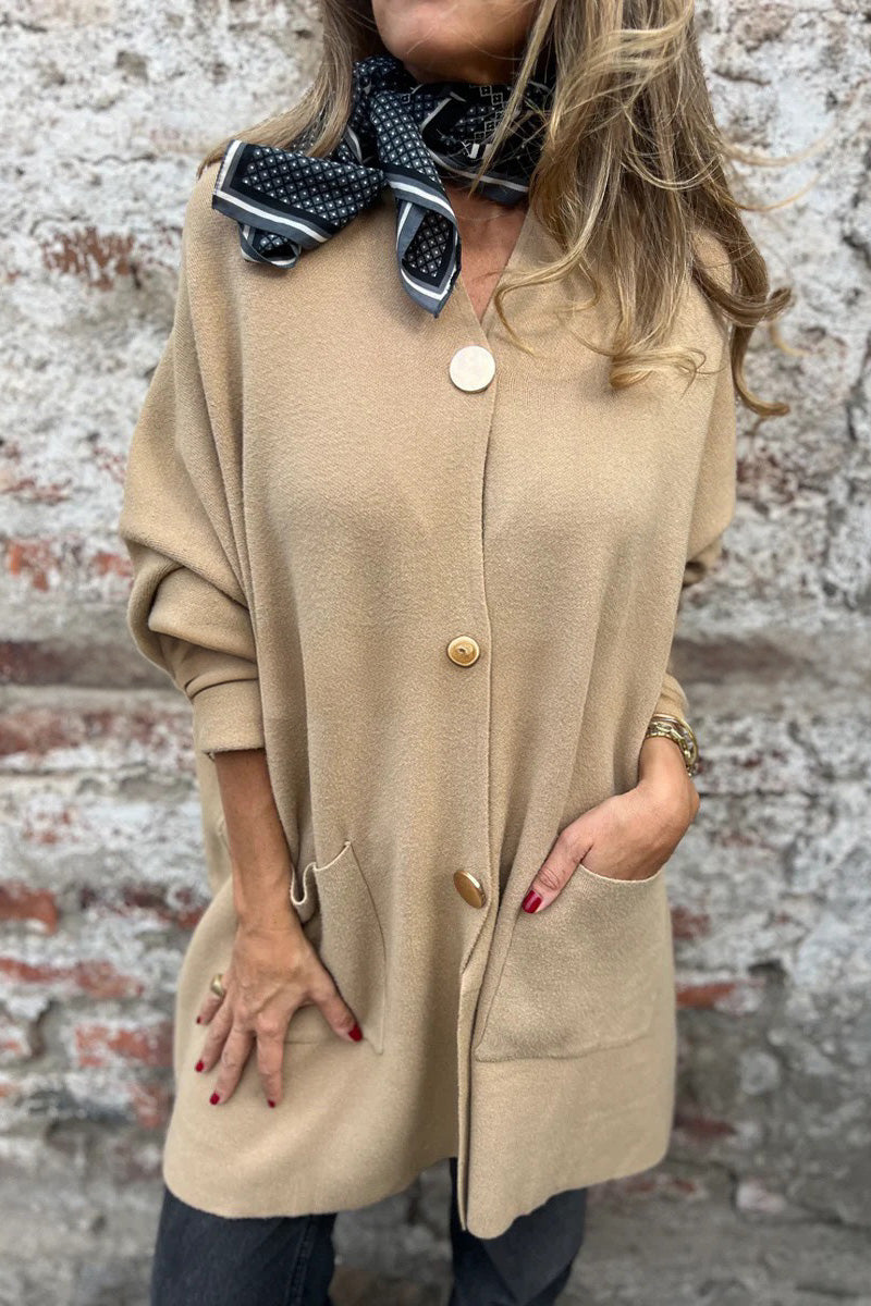 Krohn-e | Lange Unifarbene Einreihige V-Ausschnitt Strickjacke Jacke