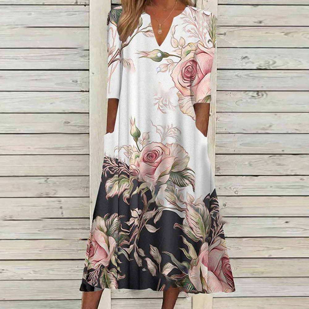 Fudus | Elegantes bedrucktes Kurzarm-Knopfknoppenkleid