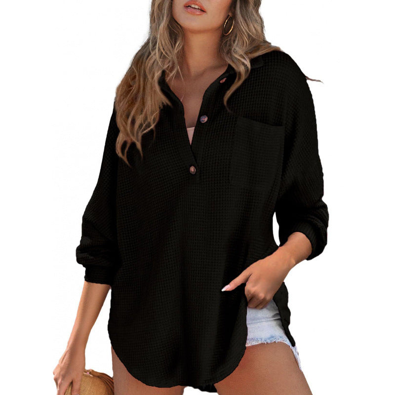 Damen lässiges Waffle-Shirt mit Stehkragen und Knopfleiste Krohn-e