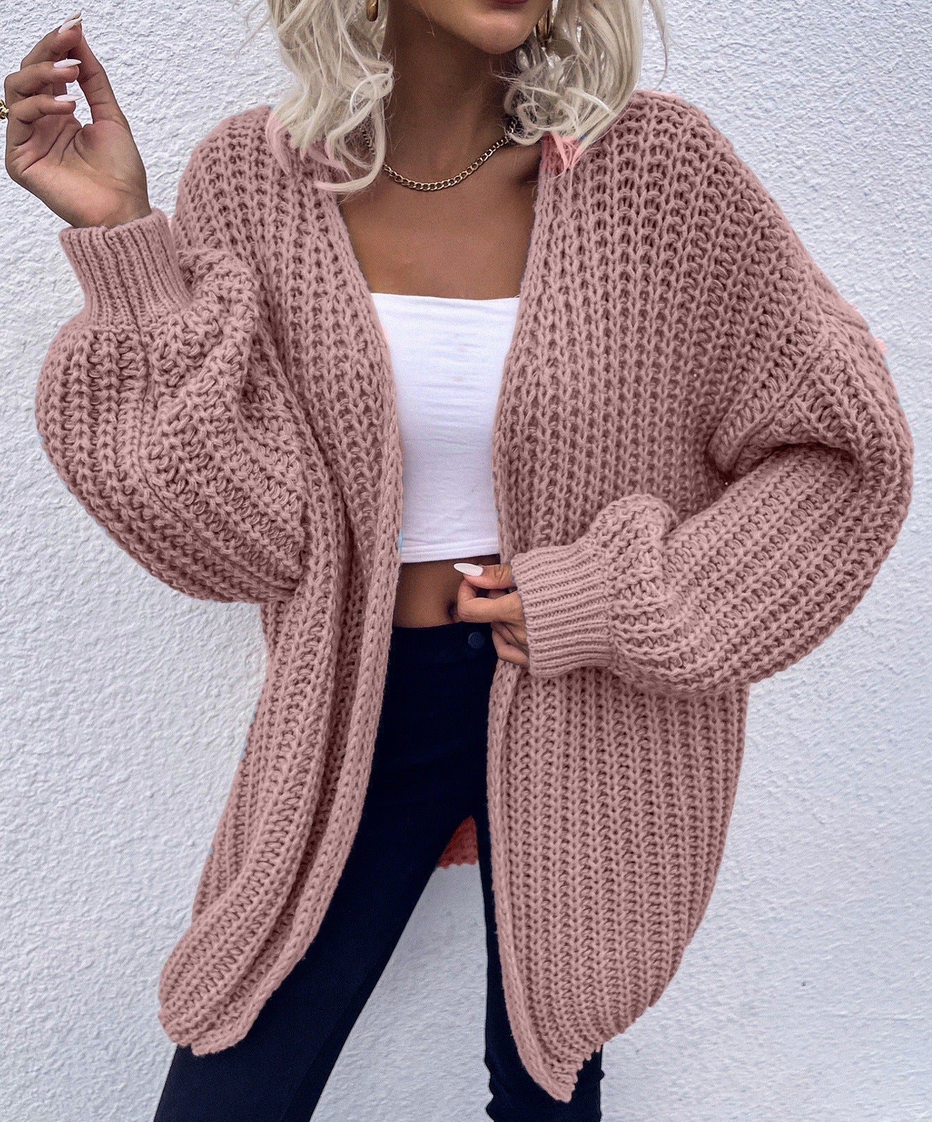Damen lässiger Grobstrick-Cardigan mit tiefen Taschen und voluminösen Ärmeln Krohn-e
