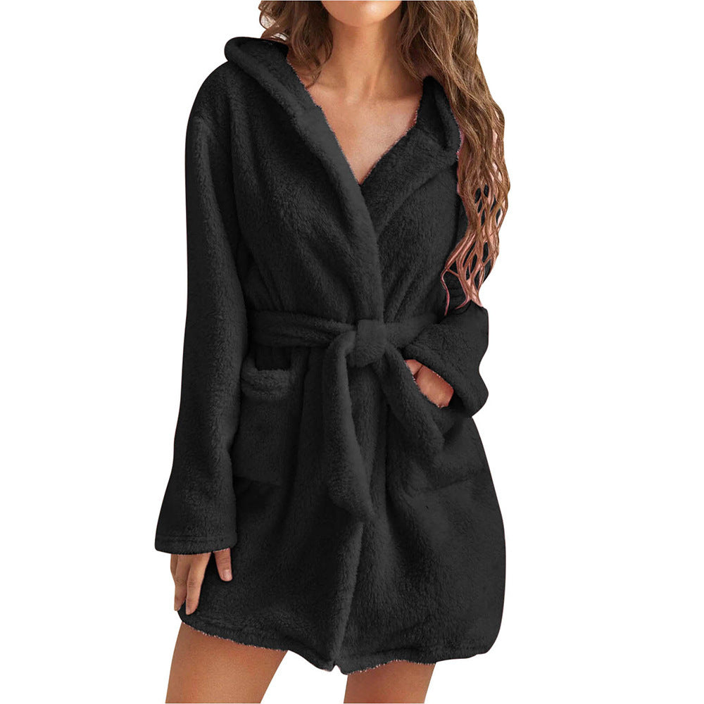 Damen Fleece Bademantel mit Kapuze und Gürtel Krohn-e