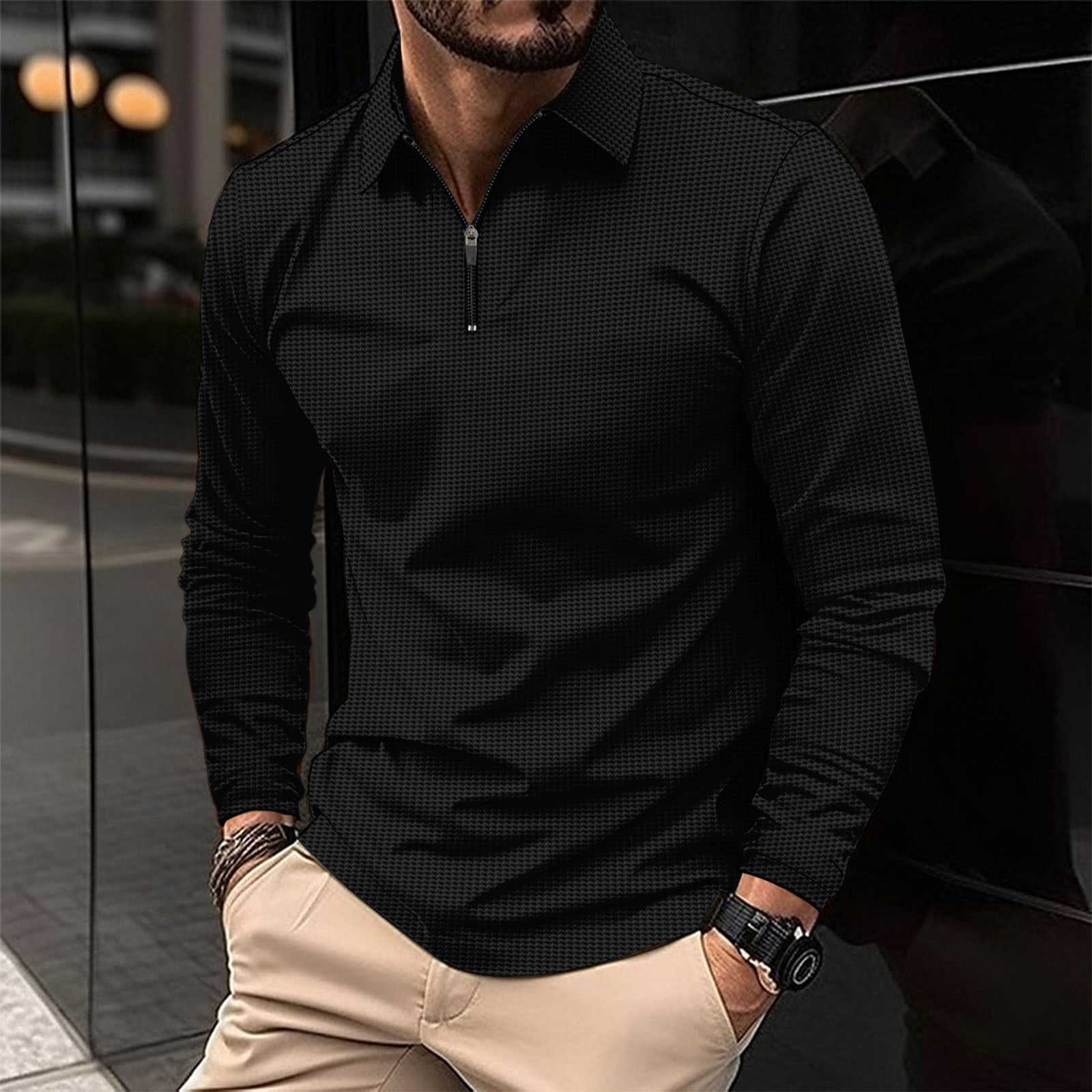 Herren Langarmshirt mit modernem Reißverschluss und strukturiertem Design Krohn-e