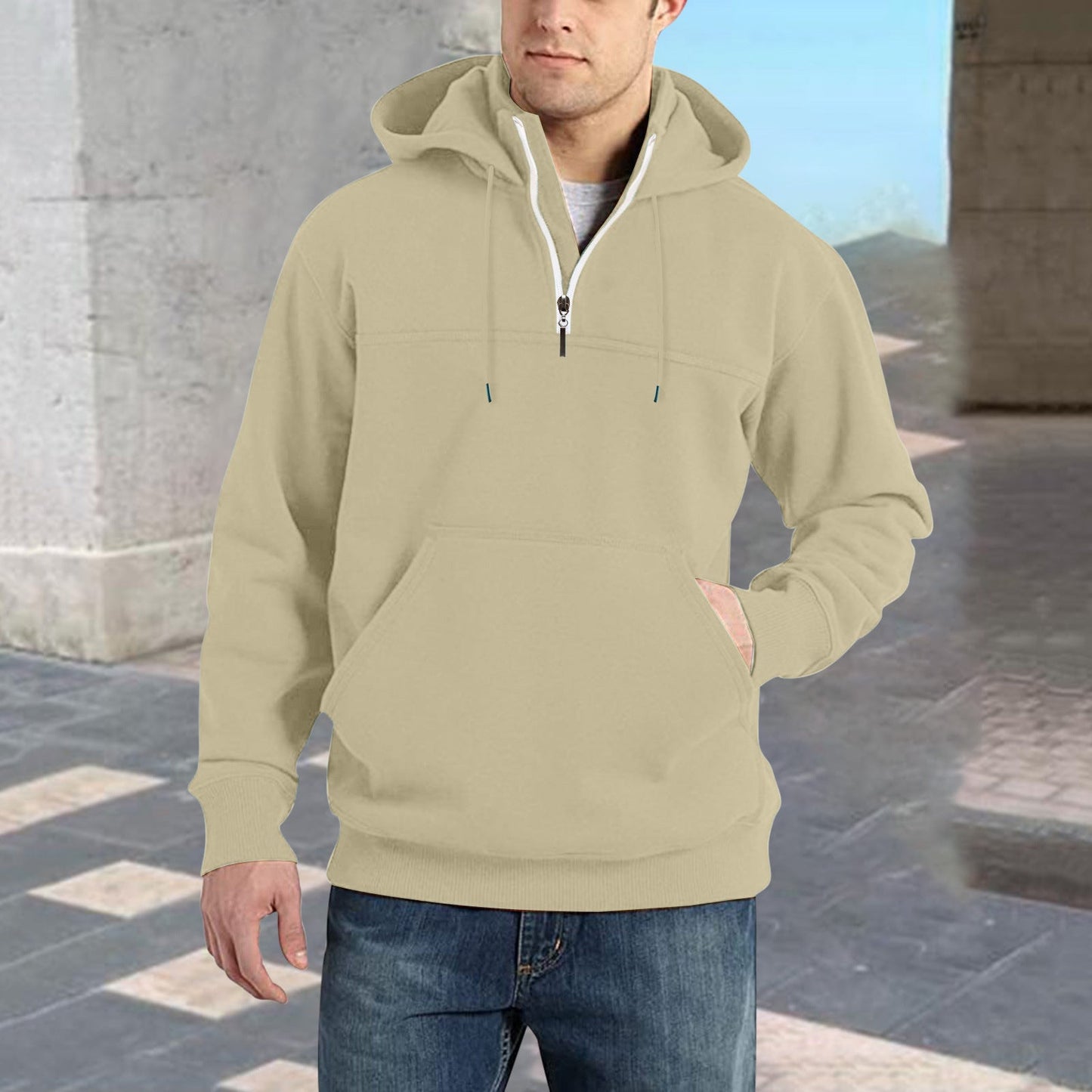 Herren modischer Kapuzenpullover mit halbem Reißverschluss und praktischen Kängurutaschen Krohn-e