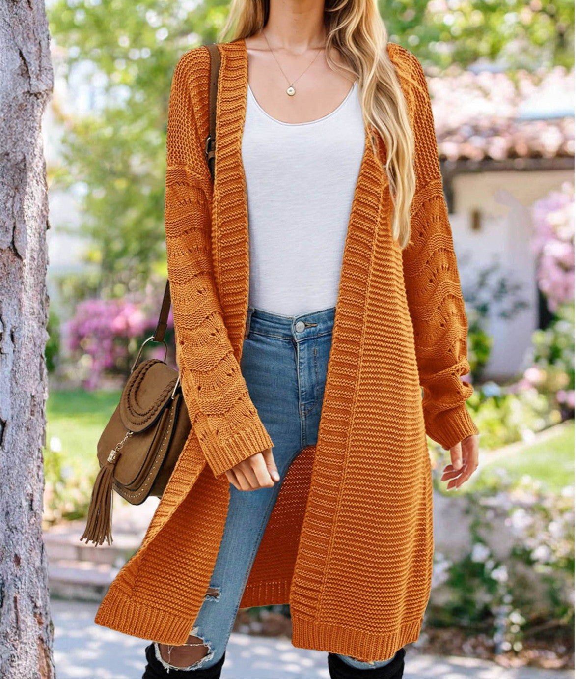 Damen Langer Strickcardigan mit luftiger Maschenstruktur und offener Front Krohn-e