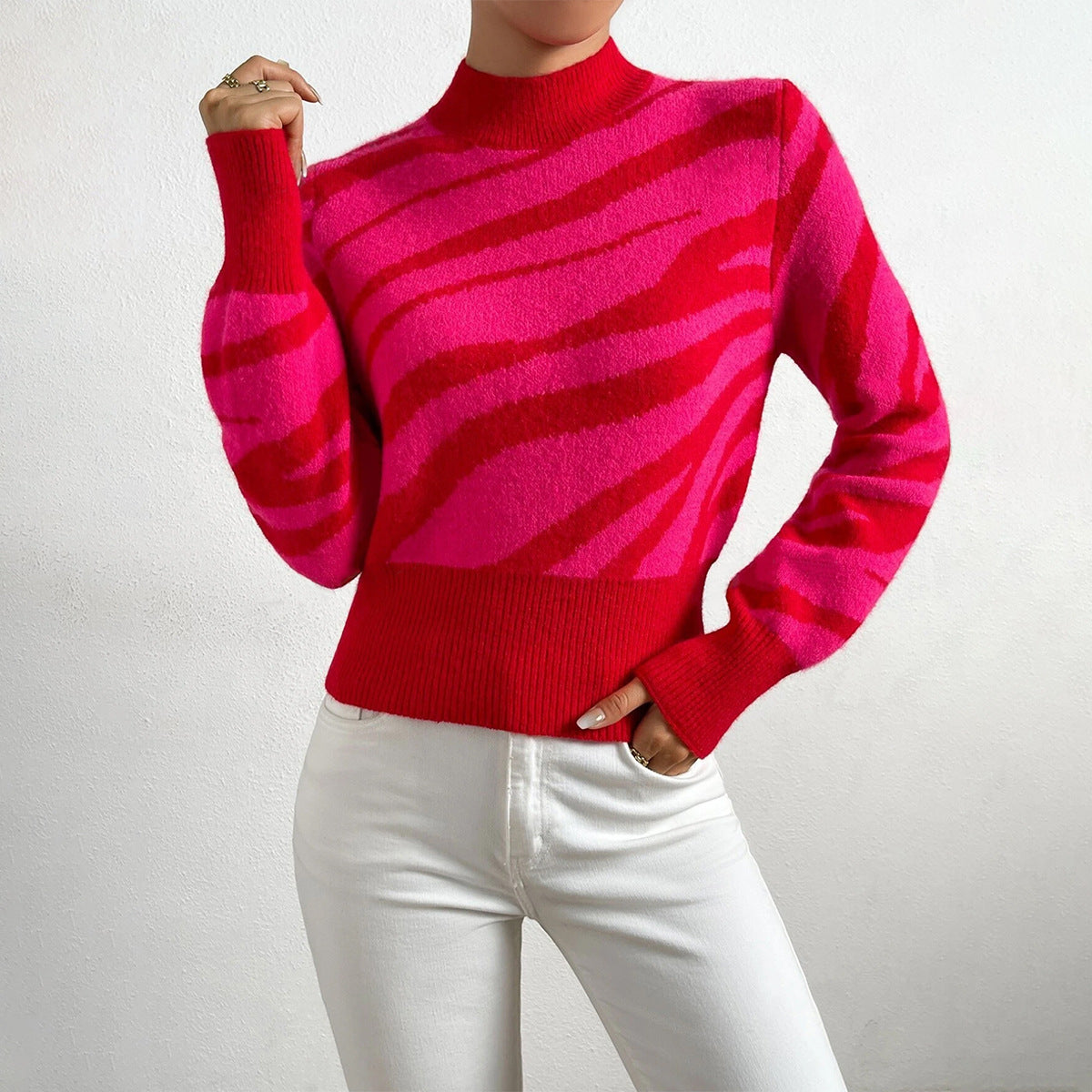 Krohn-e | Gestricktes Zebra Muster Halb Hochkragen Reguläre Passform Gerippter Saum