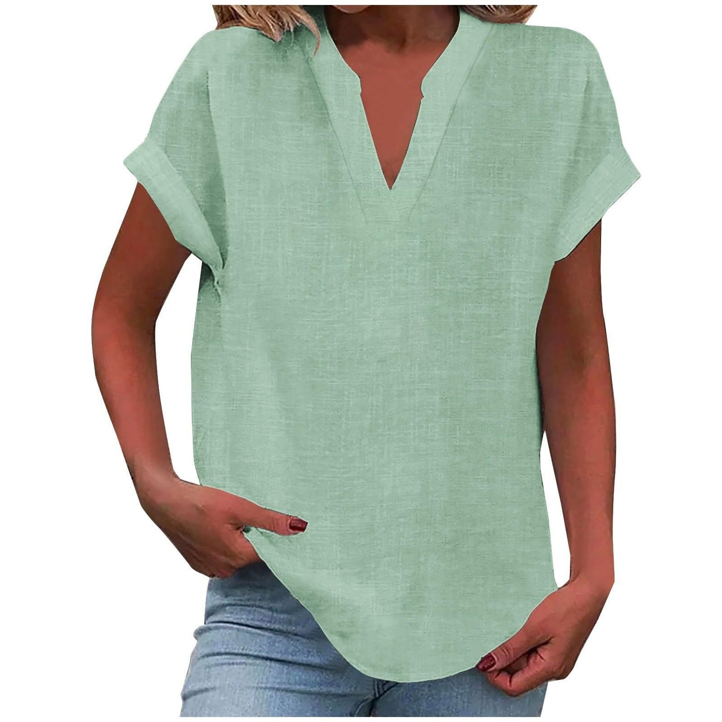 KROHN-E Damen V-Ausschnitt Bluse Relaxed Fit Leichter Stoff Weiß