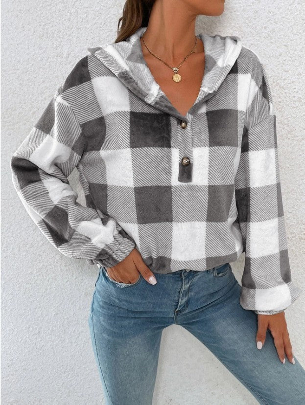 Damen Gemusterte Karo-Hoodie-Bluse Krohn-e