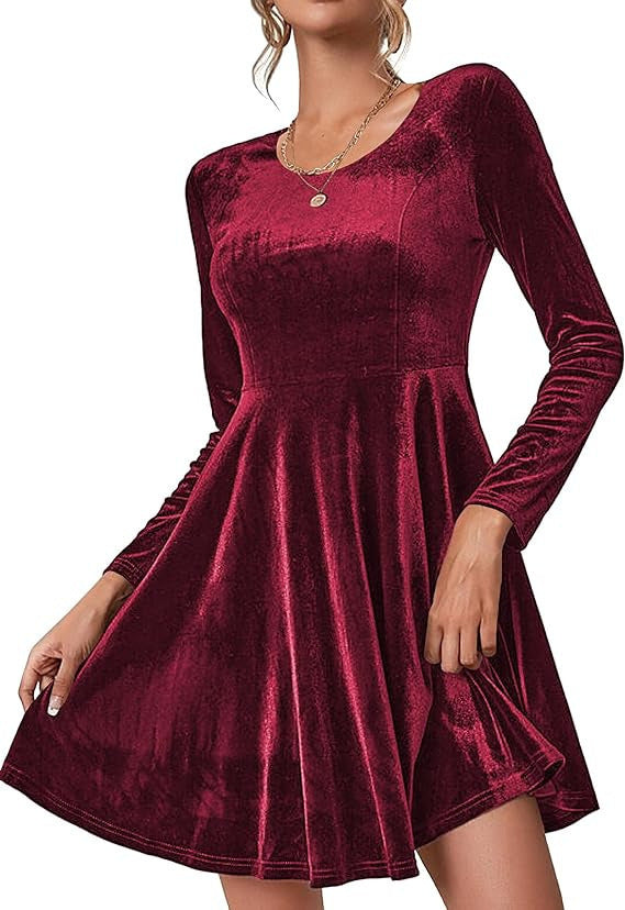 Damen Elegantes Samtkleid mit geschwungenem Saum und langen Ärmeln Krohn-e