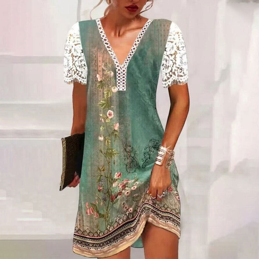 Elegantes Kleid mit Spitzeneinsatz, V-Ausschnitt und Druckmuster von Fudus