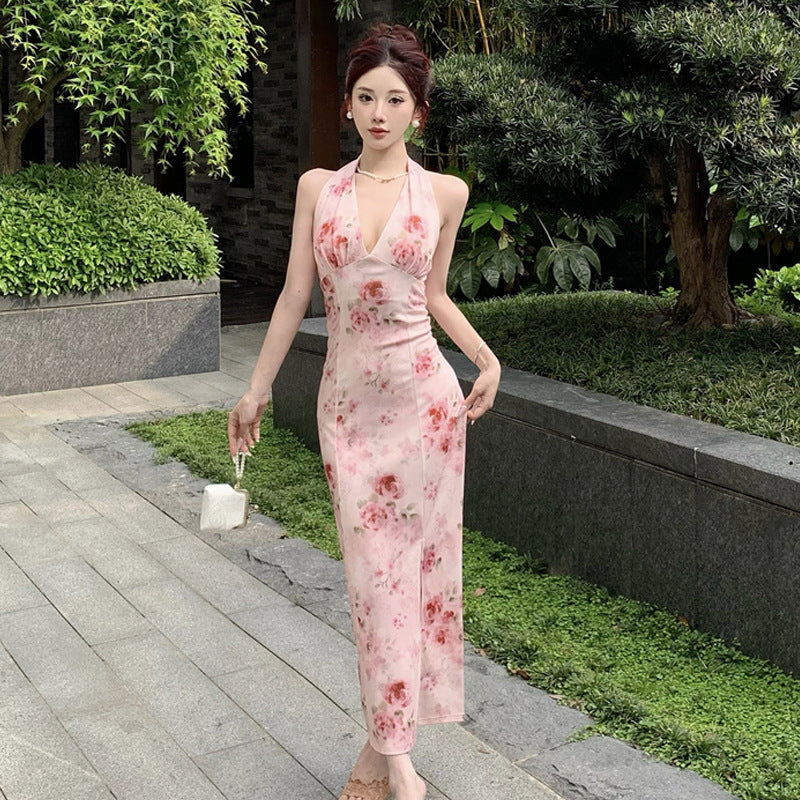 Fudus Rückenfrei: Sexy Blumen-Halterkleid im Retro-Stil