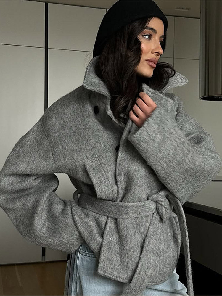 Damen elegante Oversized-Wolljacke mit Gürtel Krohn-e