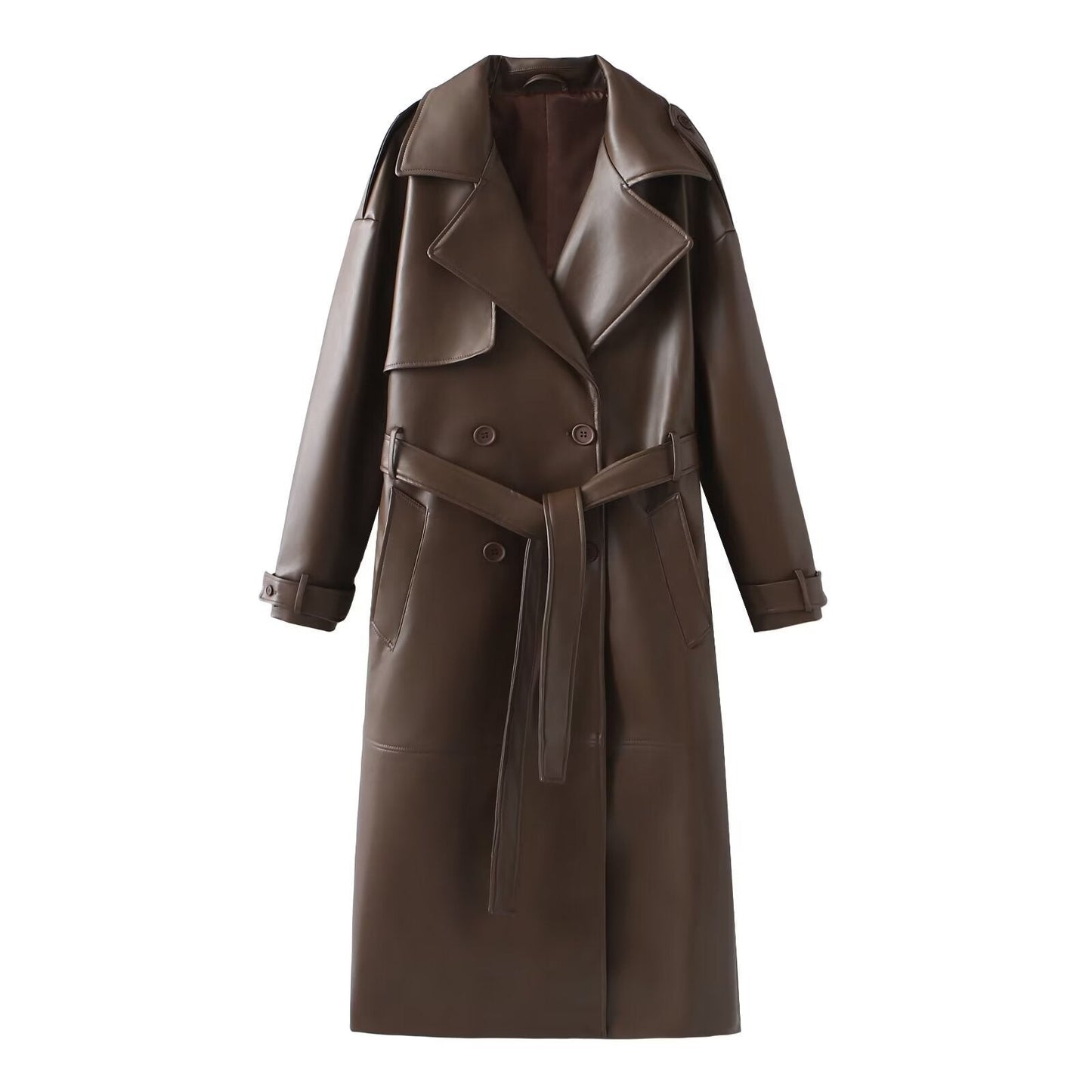 Damen Kunstleder-Trenchcoat mit elegantem Schnitt und taillierbarem Gürtel Krohn-e
