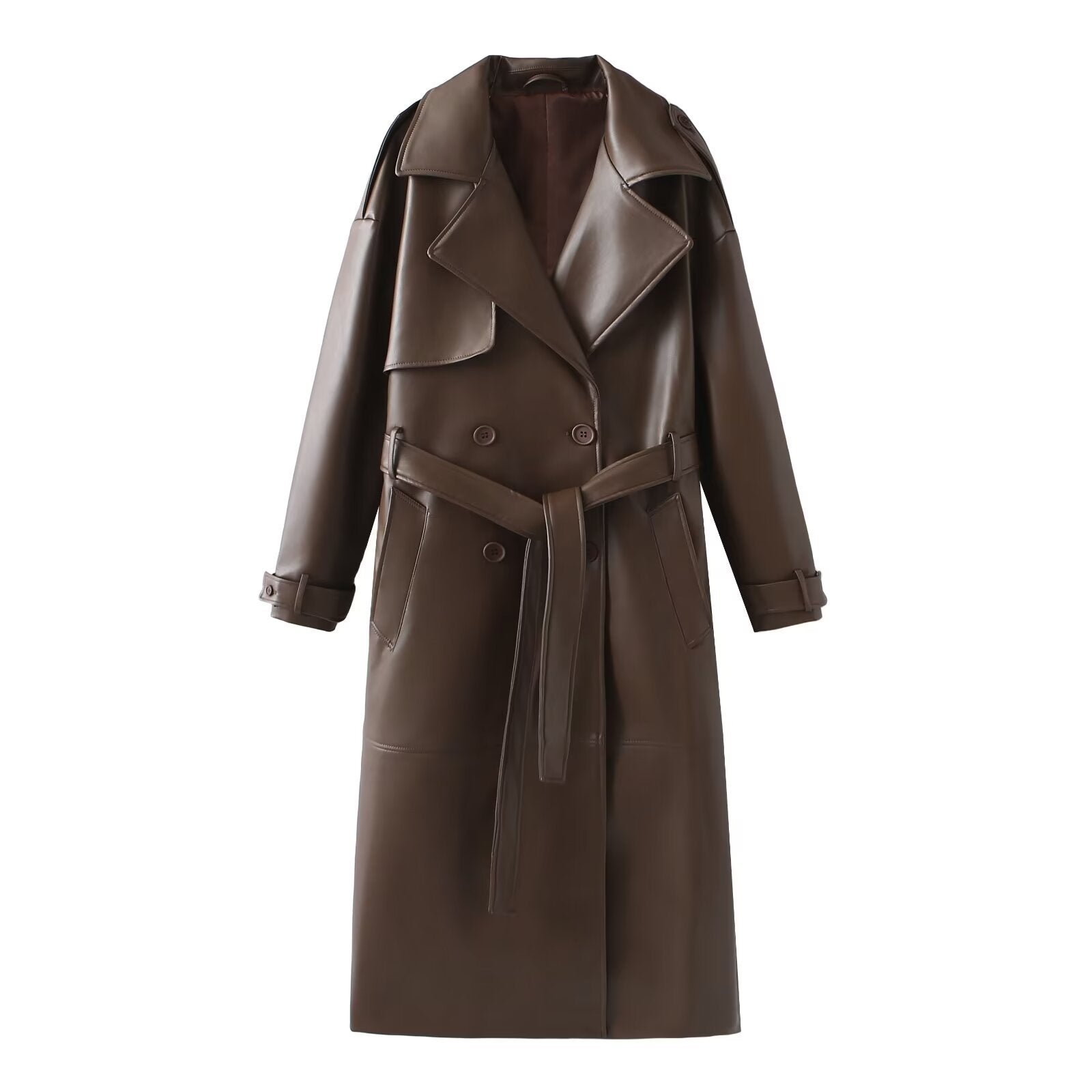 Damen Kunstleder-Trenchcoat mit elegantem Schnitt und taillierbarem Gürtel Krohn-e