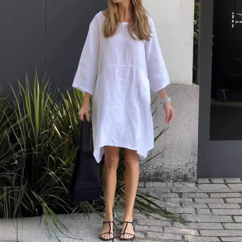 Einfarbiges, lockeres Baumwoll-Leinenkleid von Fudus