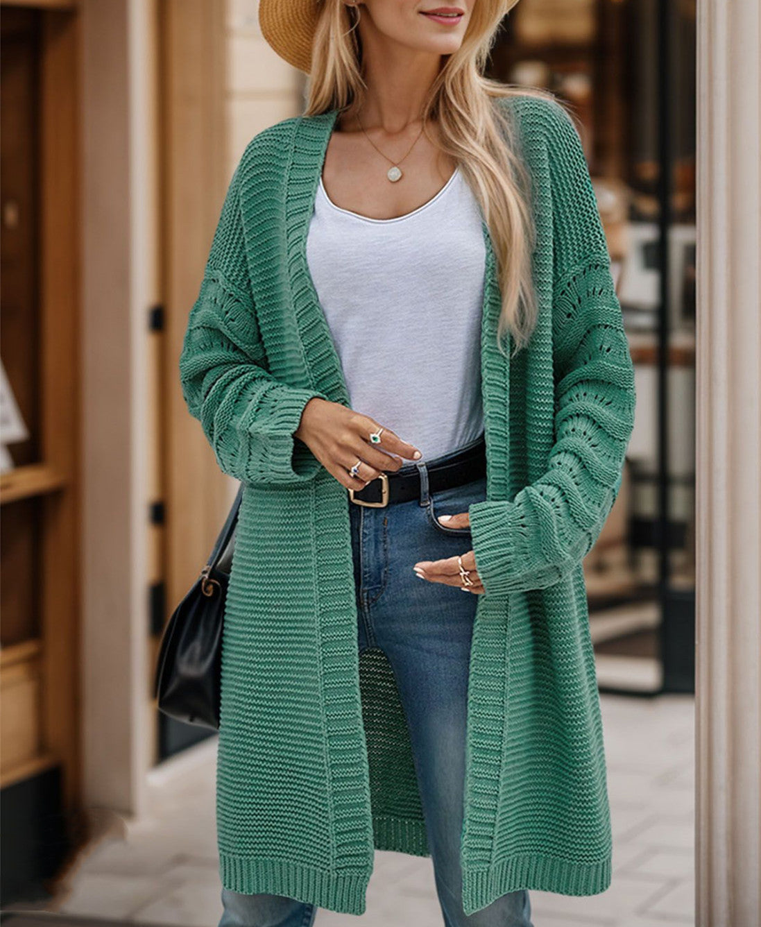 Damen Langer Strickcardigan mit luftiger Maschenstruktur und offener Front Krohn-e
