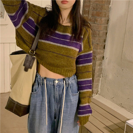 Damen kurz geschnittener Strickpullover mit horizontalem Streifenmuster Krohn-e - Krohn-e