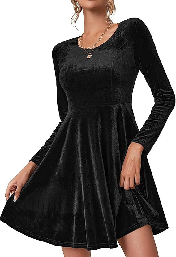 Damen Elegantes Samtkleid mit geschwungenem Saum und langen Ärmeln Krohn-e