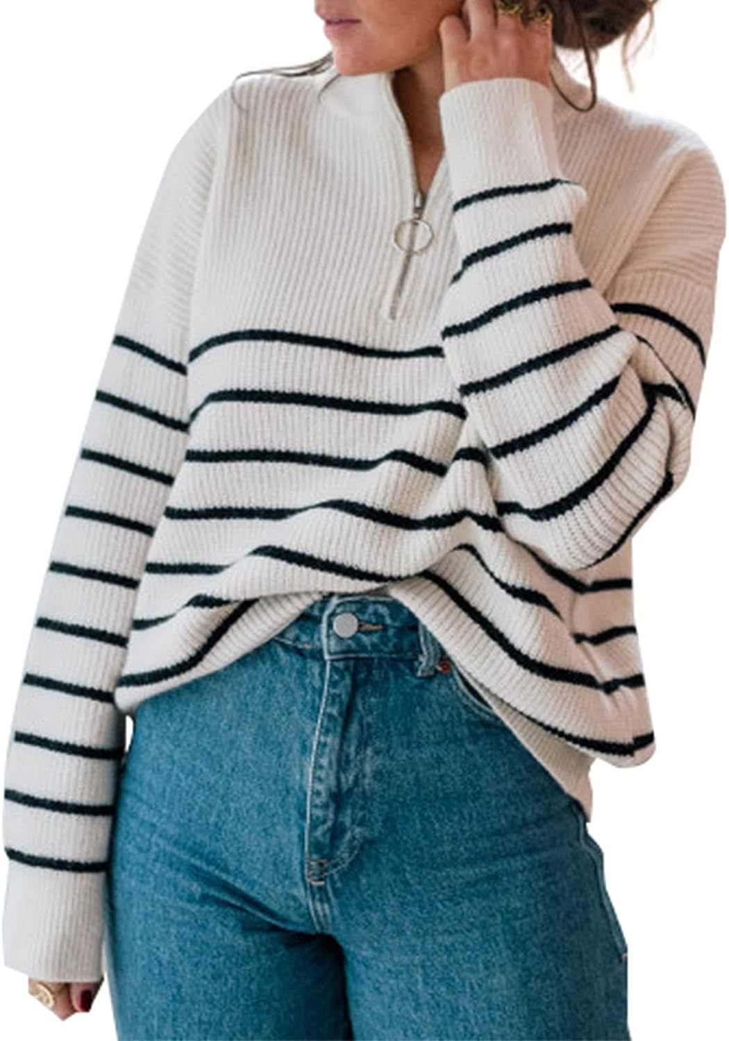 Damen lässiger Pullover mit kurzem Reißverschluss und Streifenmuster Krohn-e