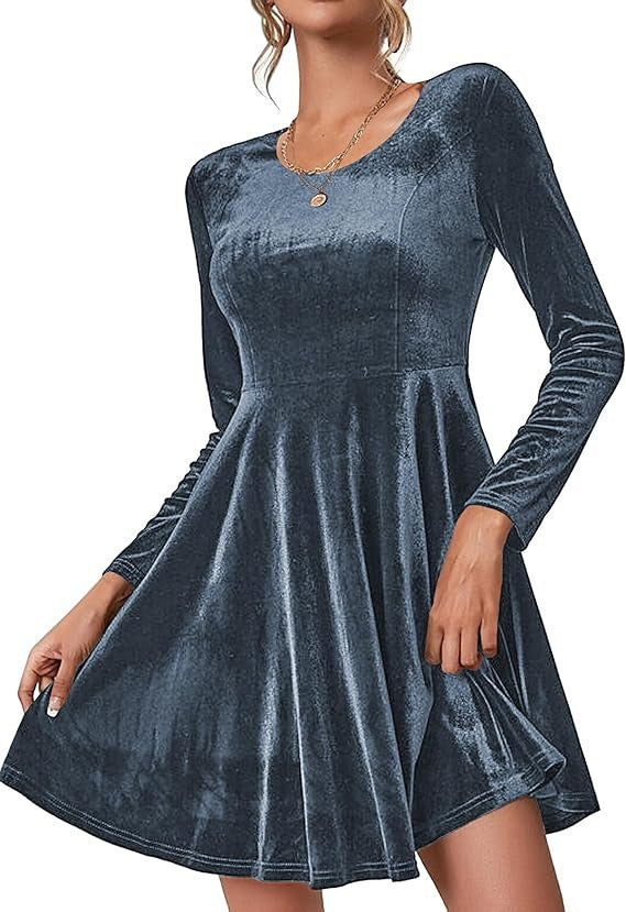 Damen Elegantes Samtkleid mit geschwungenem Saum und langen Ärmeln Krohn-e