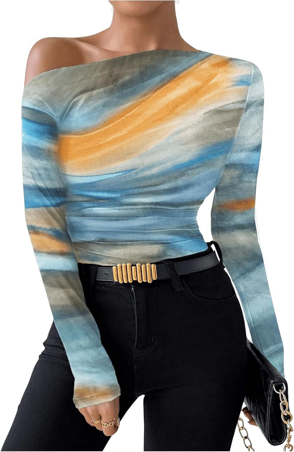 Damen Longsleeve Oberteil mit elegantem marmorierten Druck von Fudus
