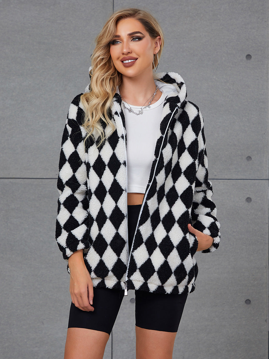 Damen Flauschige Jacke mit Karomuster und Kapuze Krohn-e