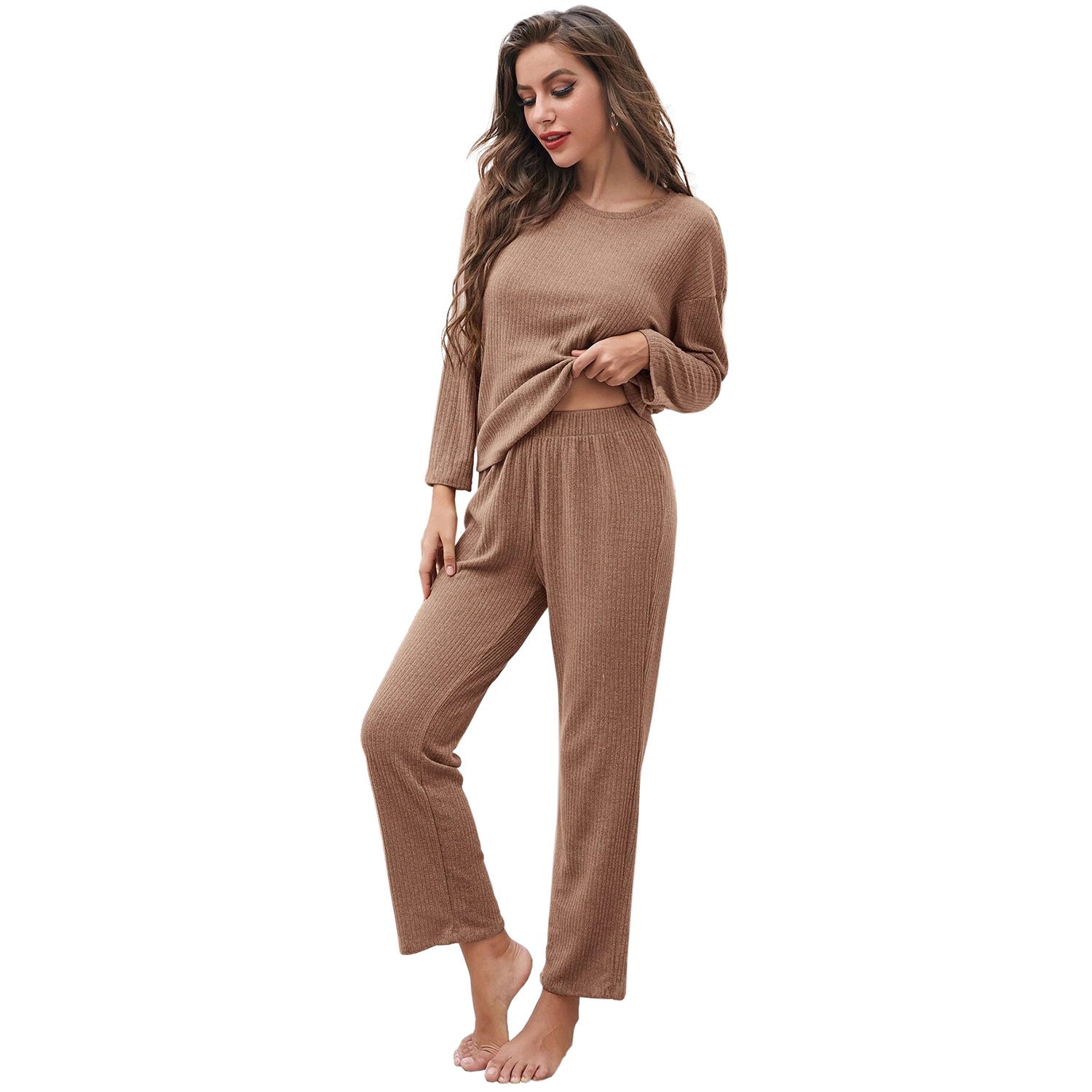 Damen lässiges Langarm-Pyjama-Set mit elastischem Bund und weichem Stoff Krohn-e