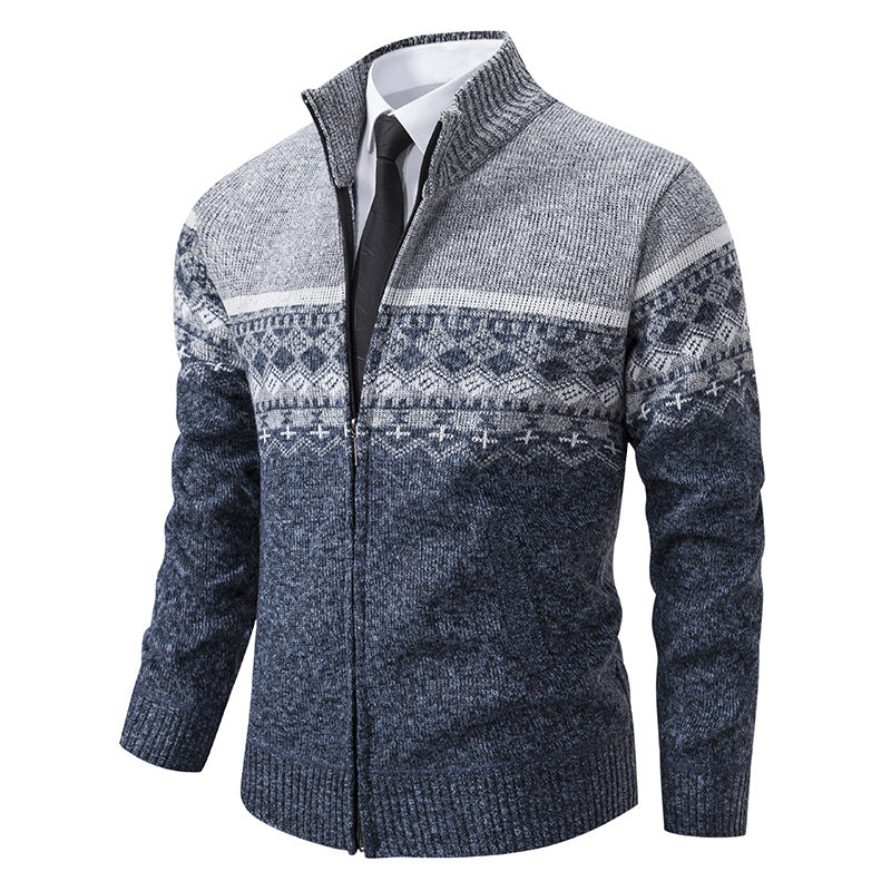 Herren Strickjacke mit Stehkragen und Norweger-Muster Krohn-e