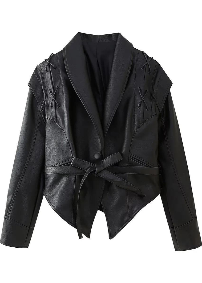 Krohn-e | Schwarzer PU-Leder Damen Blazer mit Gürtel