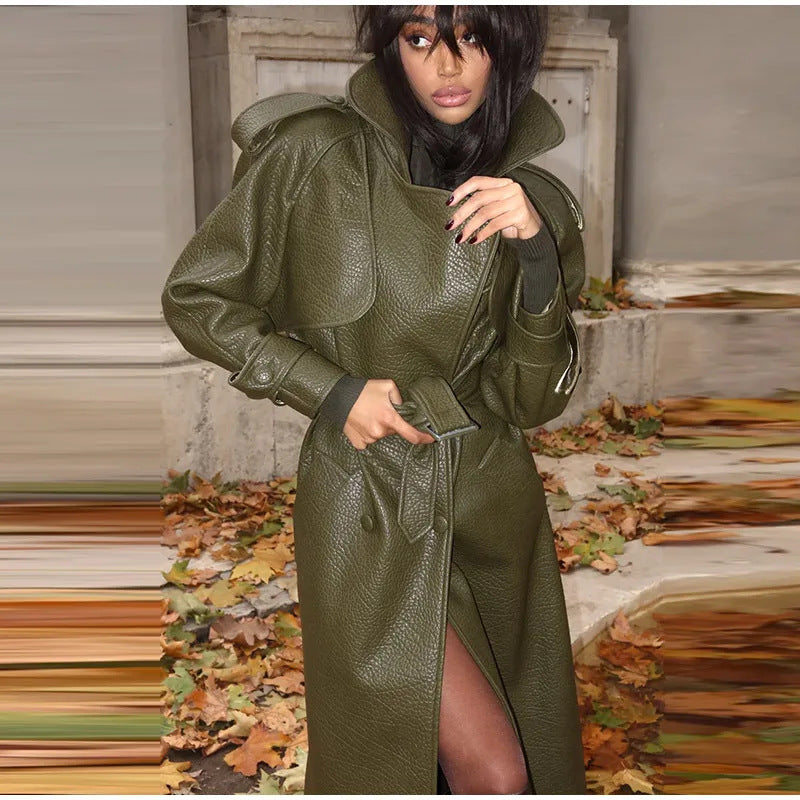 Damen Oversized Kunstleder-Trenchcoat mit hohem Kragen und abnehmbaren Gürtel Krohn-e