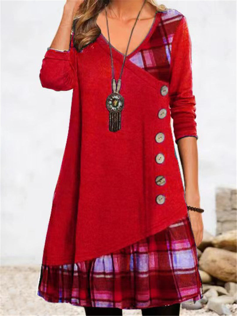 Damen asymmetrisches Freizeitkleid mit kariertem Saum und Knopfdetail Krohn-e