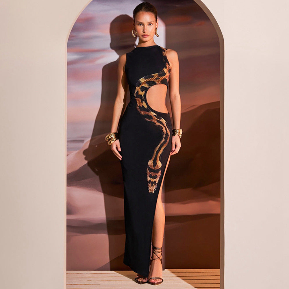 Heidi Mode | Ärmelloses, eng anliegendes, hohles Kleid mit geteiltem Ende