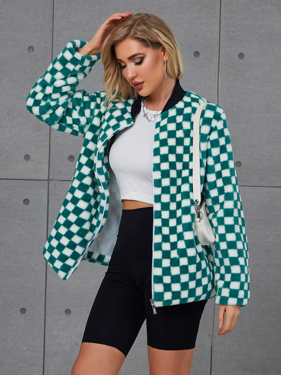 Damen Modische Kunstpelzjacke mit Karomuster und hohem Kragen Krohn-e