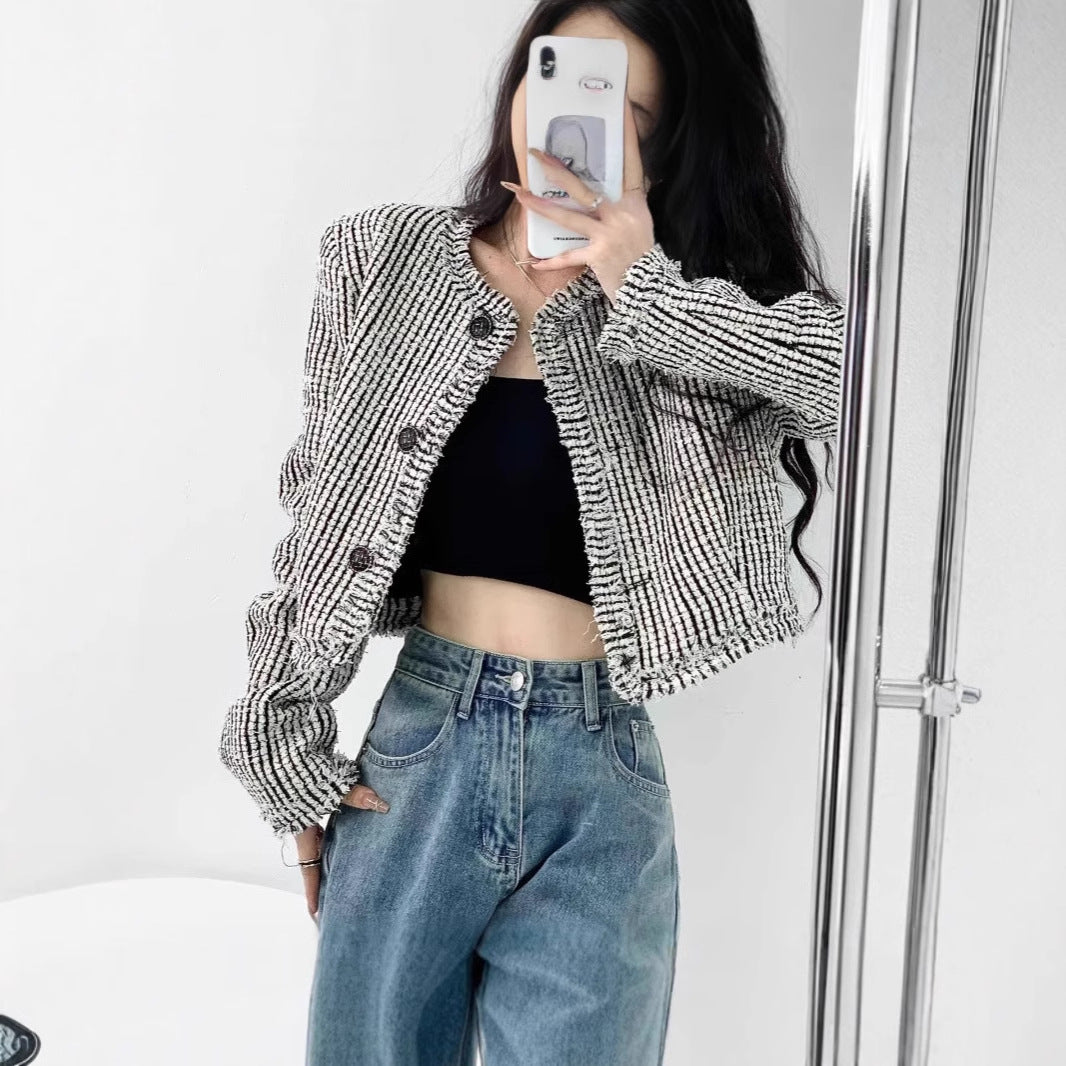 Damen trendige Bouclé-Jacke mit dekorativen Knöpfen und lässigem Schnitt Krohn-e