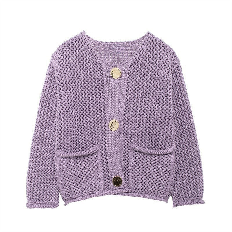 Damen luftige Strickjacke mit durchbrochenem Muster und praktischen Taschen Krohn-e