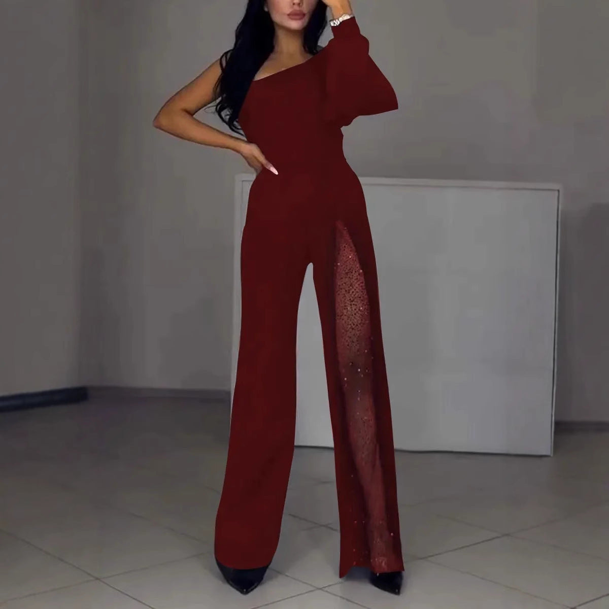Asymmetrischer einseitiger Damen-Jumpsuit mit Paillettenpanel Krohn-e