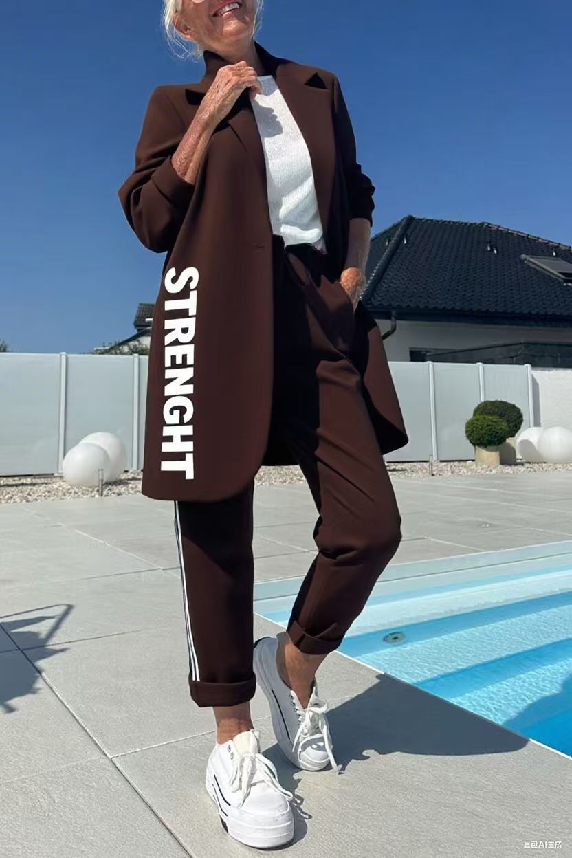 Krohn-e | Length Letter Printed Trenchcoat und Hose Zweiteiler Satz