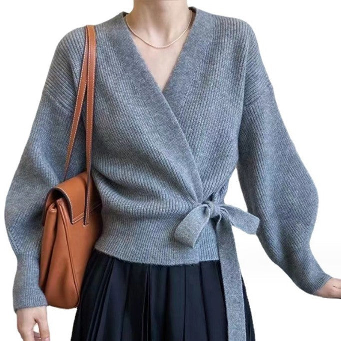 Damen Wickelstrickjacke mit weit geschnittenen Ärmeln und Taillengürtel Krohn-e