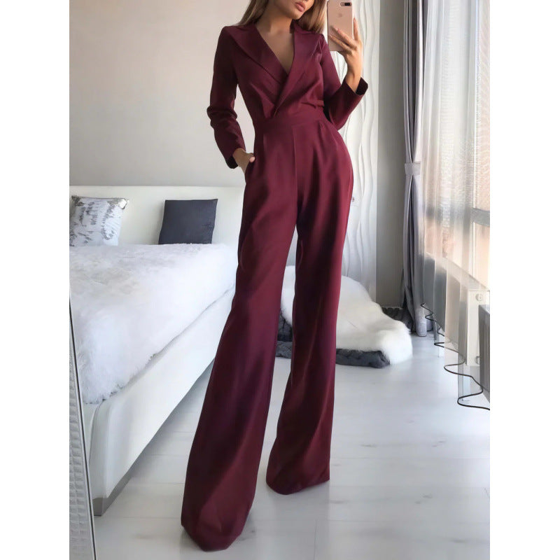 Damen eleganter Jumpsuit mit langem Bein und klassischem Schauspielkragen Krohn-e